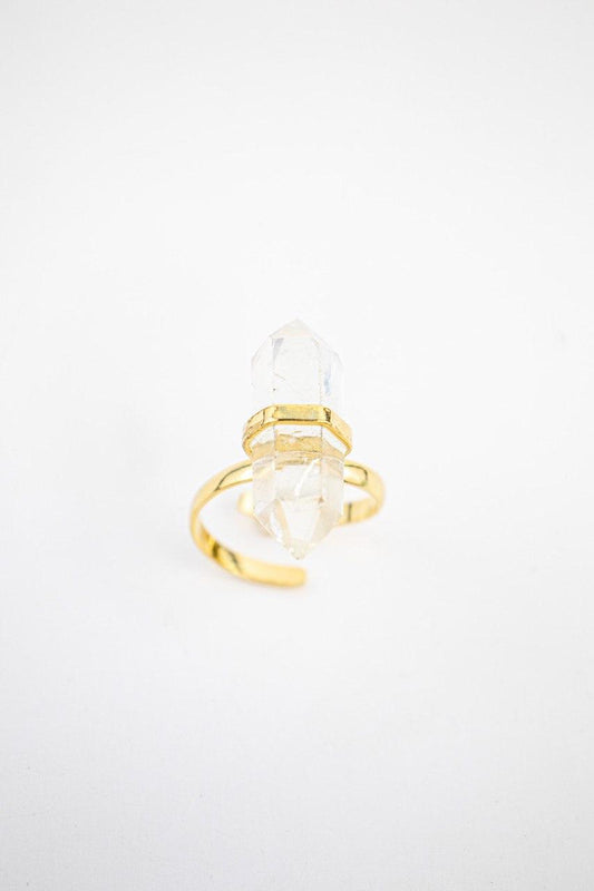 Anel Quartzo Cristal Ponta Biterminada Banho Ouro