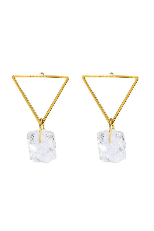 Brinco Pedra Cristal Bruto com Triângulo Banho Ouro