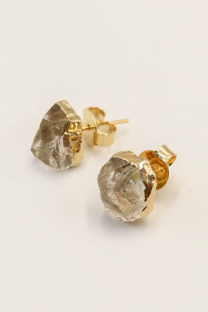 Brinco Cristal Quartzo Bruto Banho Ouro