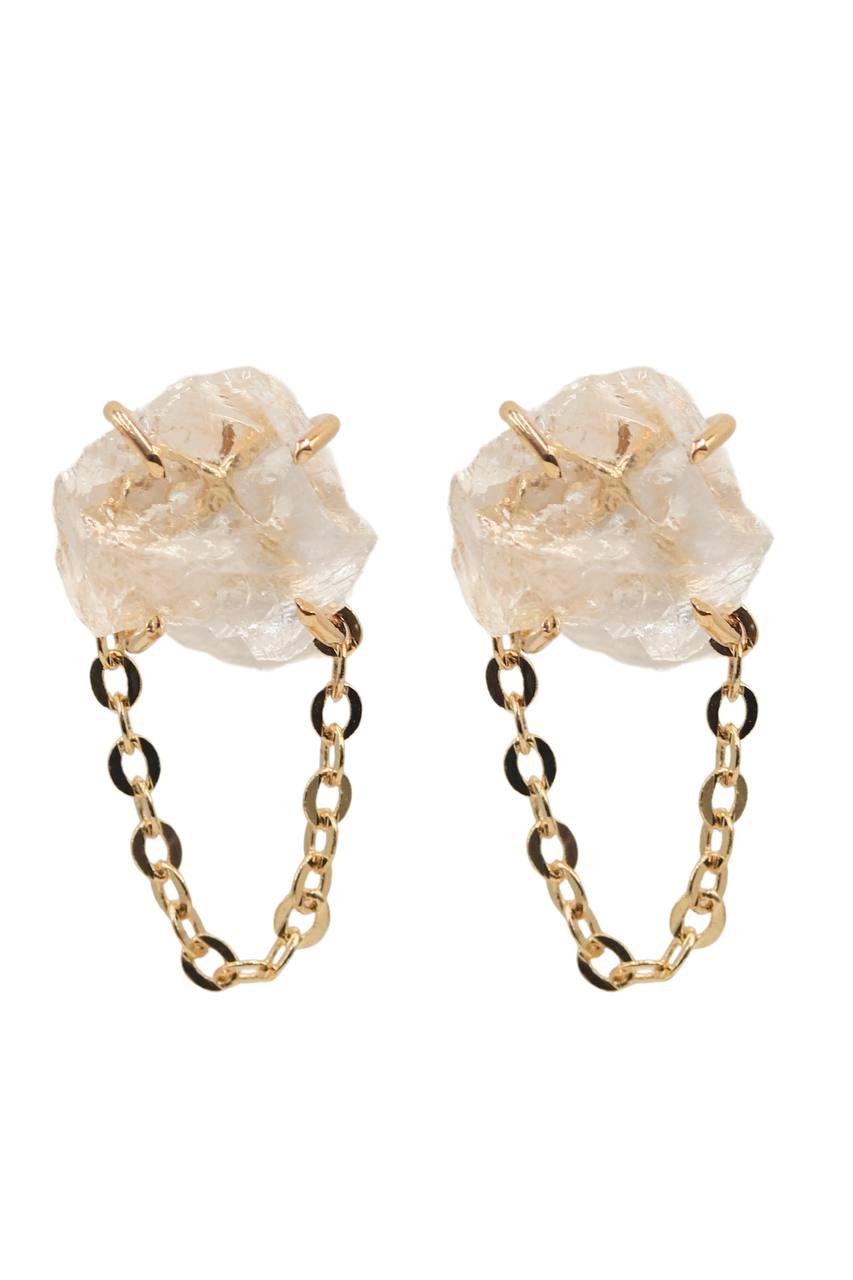 Brinco Cristal de Quartzo Bruto Garra com Corrente Banho Ouro