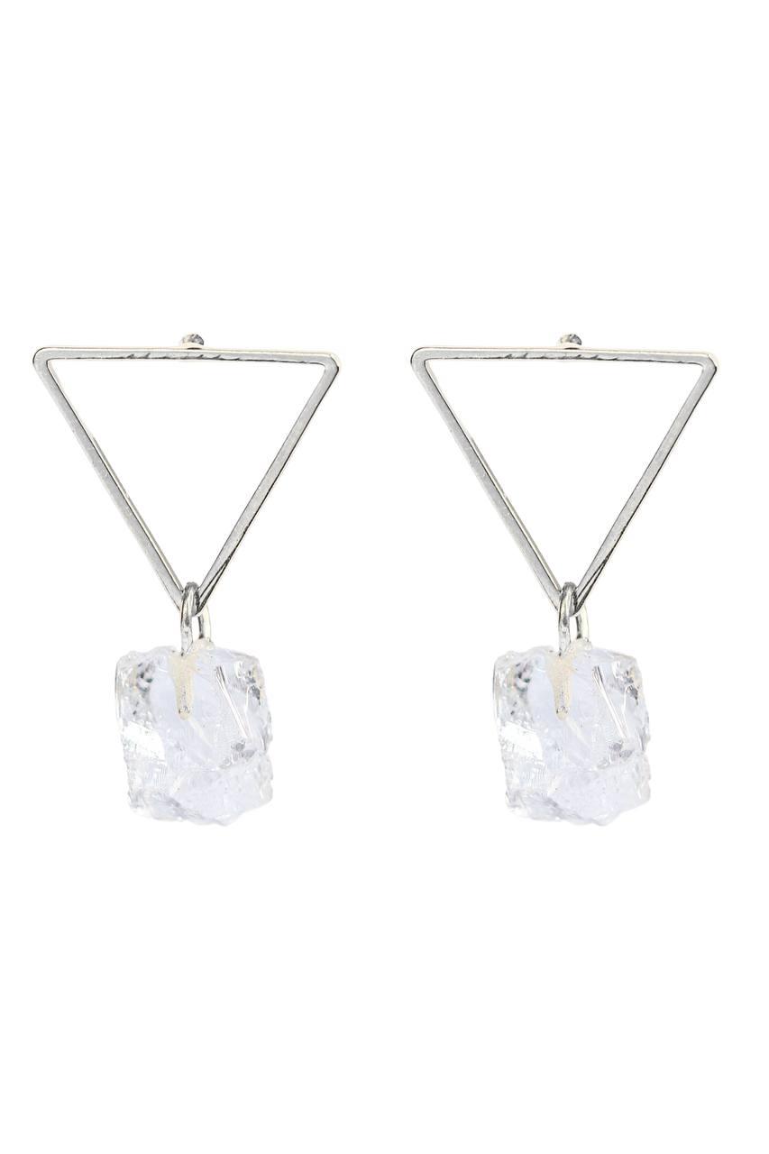 Brinco Pedra Cristal Bruto com Triângulo Banho Prata