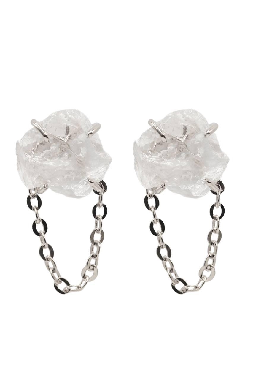 Brinco Cristal de Quartzo Bruto Garra com Corrente Banho Prata