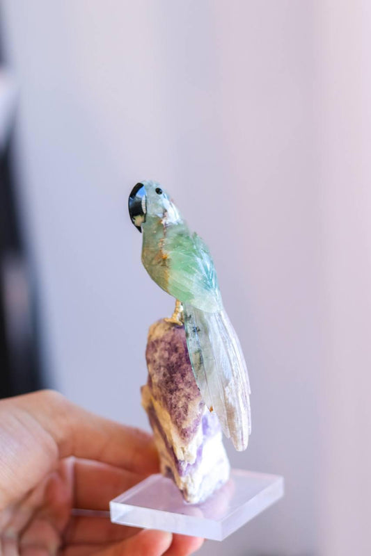 Arara de Fluorita Verde na Base Ametista Chevron no Acrílico