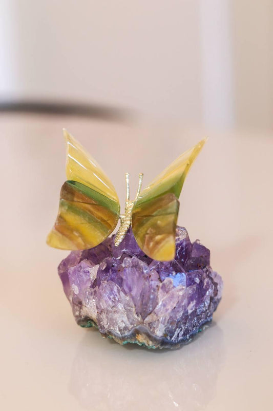 Borboleta Fluorita com Base de Drusa ametista