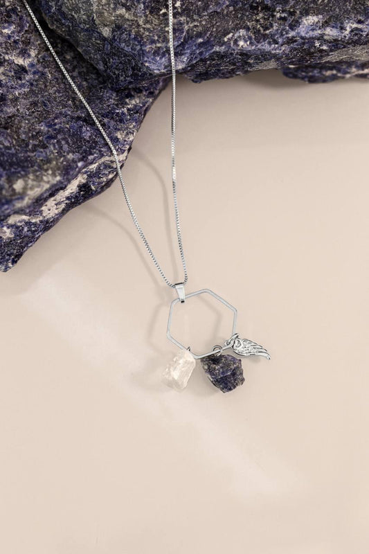 Colar Hexagonal Duo Longo Sodalita e Cristal Banho Prata