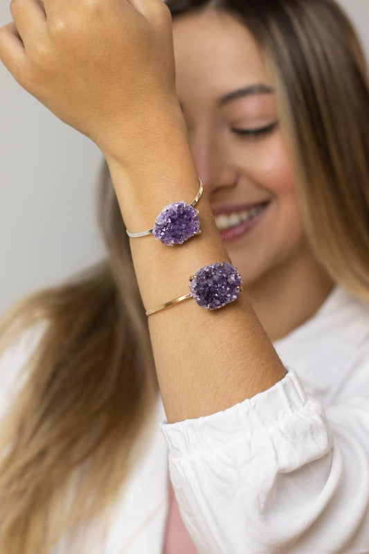 Bracelete Drusa Ametista com Garra Banho Prata