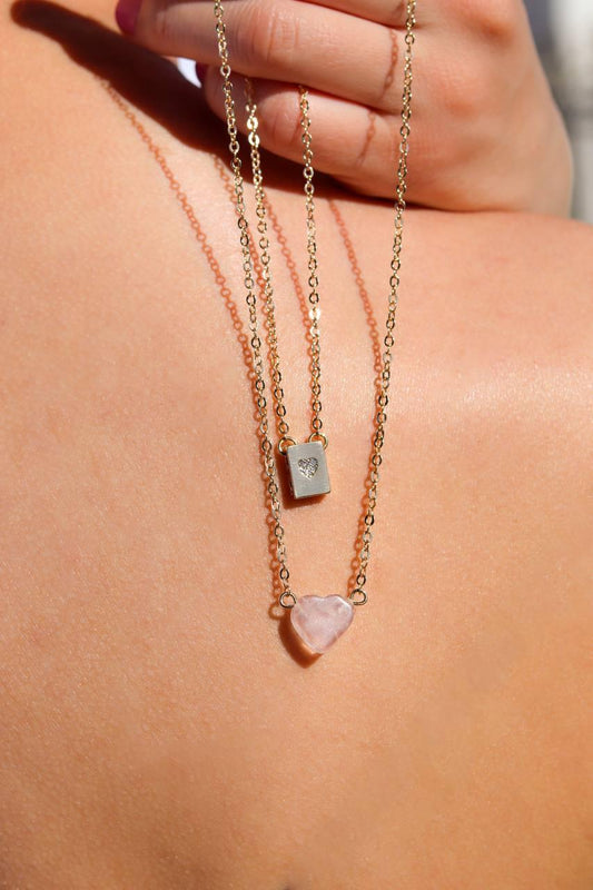 Escapulário Coração Quartzo Rosa Banho Ouro