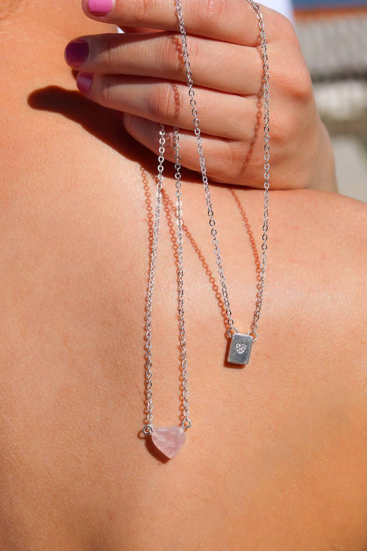Escapulário Coração Quartzo Rosa Banho Prata