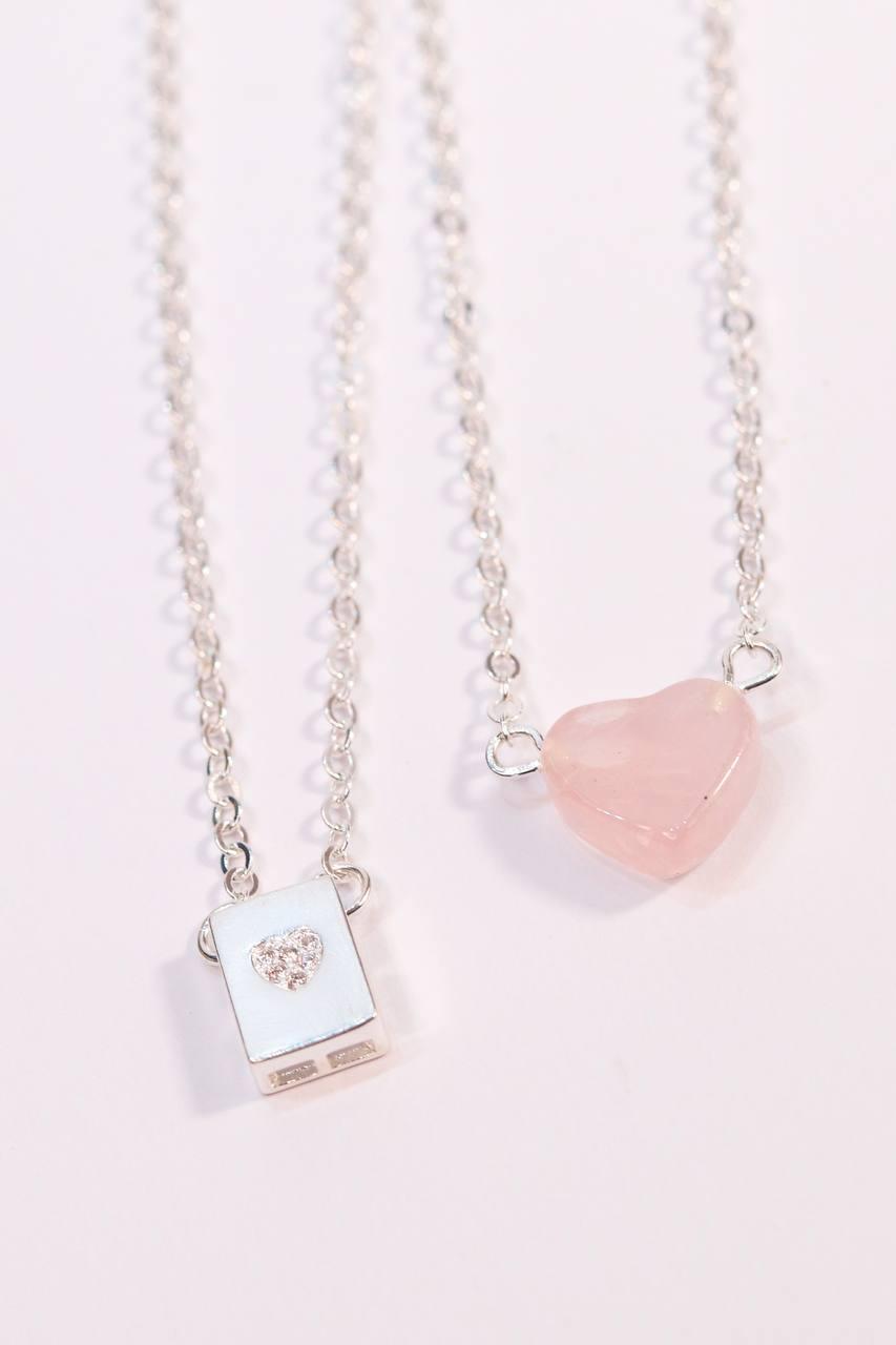 Escapulário Coração Quartzo Rosa Banho Prata