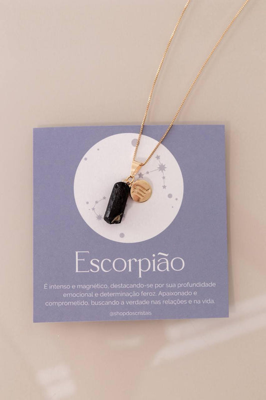 Colar Signo Escorpião - Pedra Turmalina Bruta banhado Ouro
