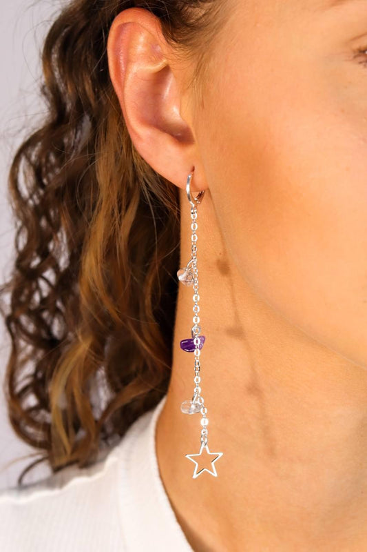 Brinco Argola Clic Ametista e Cristal Estrelar banhado Prata