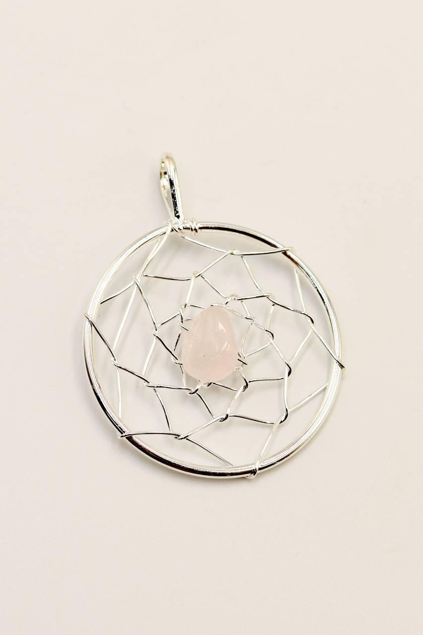 Pingente Quartzo rosa Filtro dos Sonhos cascalho banho prata