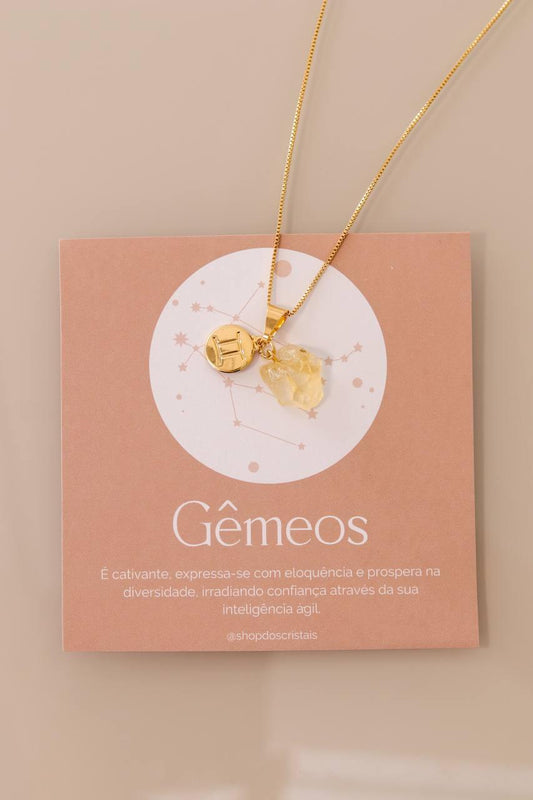 Colar Signo Gêmeos - Pedra Citrino Bruta banhado Ouro