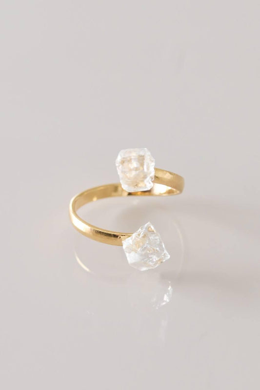 Anel Cristal de Quartzo Duo Ajustável Banho Ouro