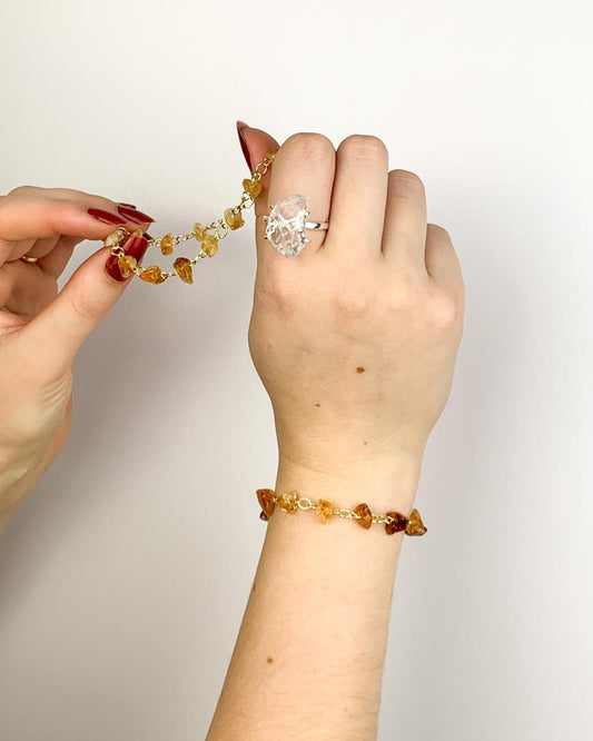 Pulseira Cascalho Citrino Elos Banho Ouro