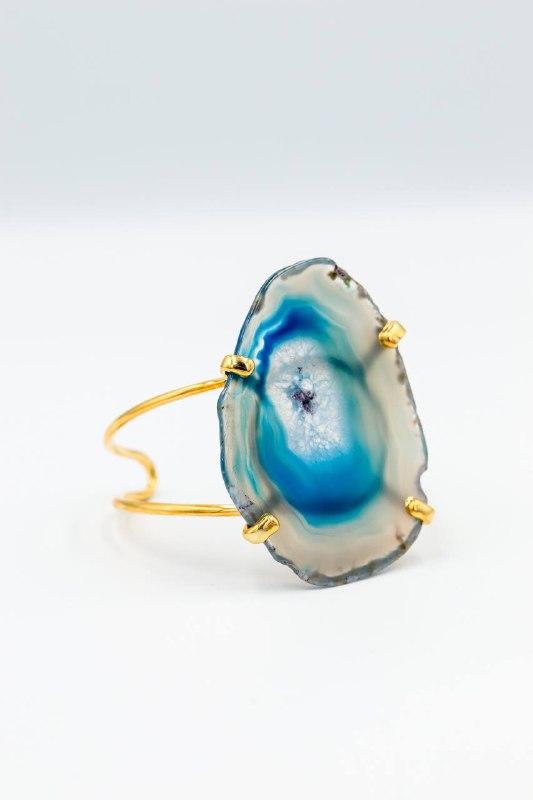 Bracelete Chapa de Ágata Azul Banhado Ouro
