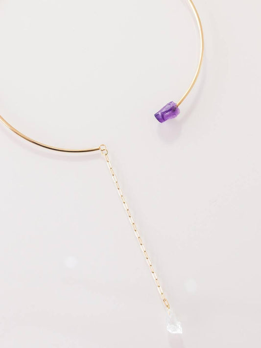 Choker Duo Ponta Ametista com Cristal Quartzo Bruto Banho Ouro