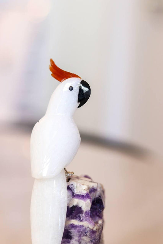 Cacatua Dolomita branca na Base de Ametista Chevron no Acrílico