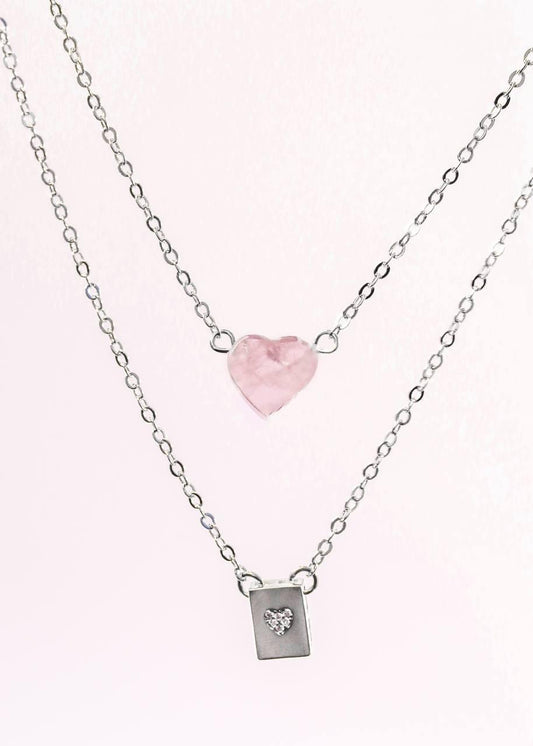 Escapulário Coração Quartzo Rosa Banho Prata