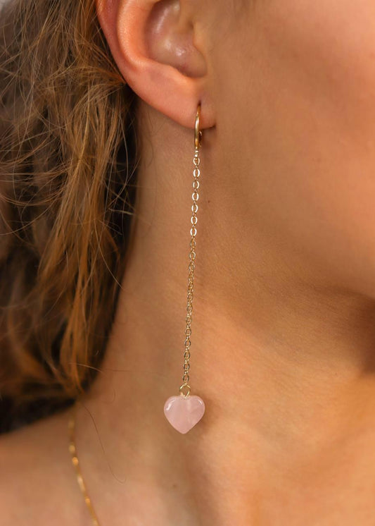 Brinco Longo Coração Quartzo Rosa Banho Ouro