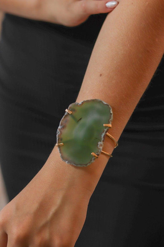 Bracelete Chapa de Ágata Verde Banhado Ouro