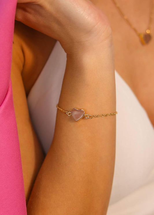 Pulseira Coração Quartzo Rosa Banho Ouro