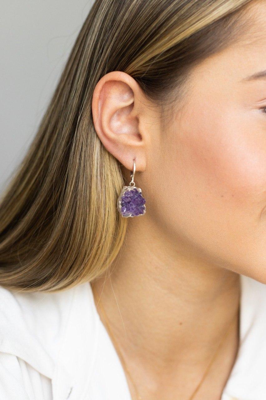 Brinco Piercing Argola Drusa Ametista Banho Prata