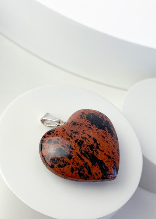 Pingente Obsidiana cor do Mogno Coração com Pino Banho Prata