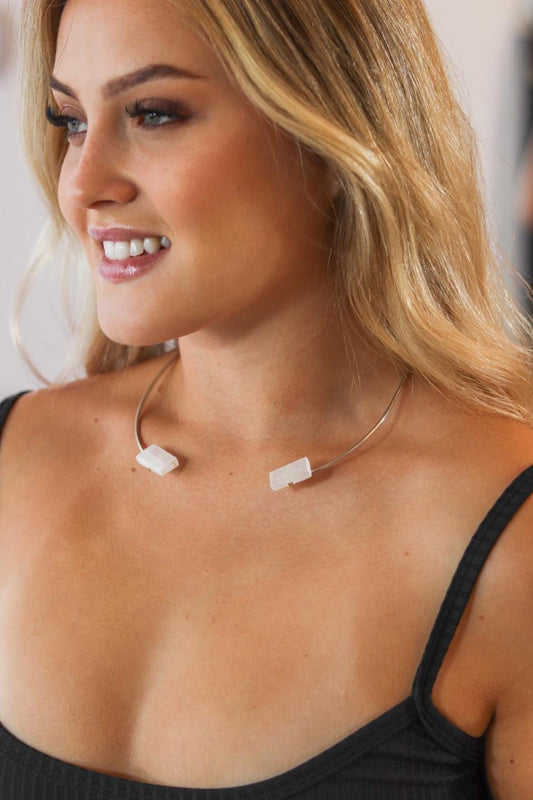 Choker Duo Selenita Branca Bruta Banho Prata