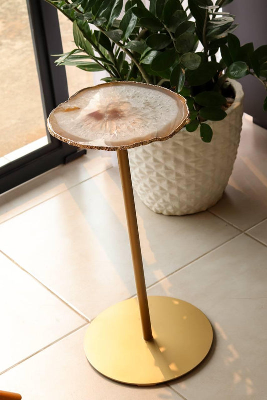 Mesa Decorativa Dourada Chapa de Ágata Natural Banho Ouro