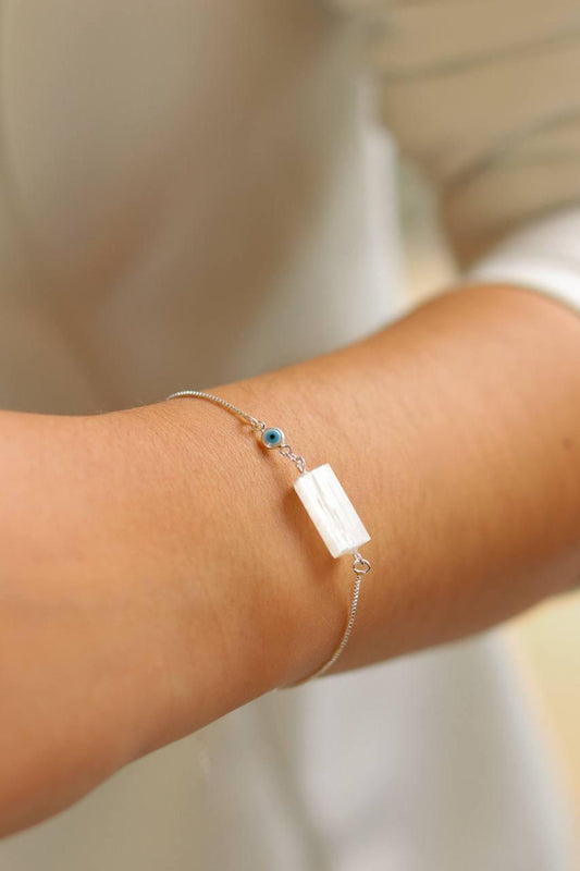 Pulseira Olho Grego Selenita banhado Prata