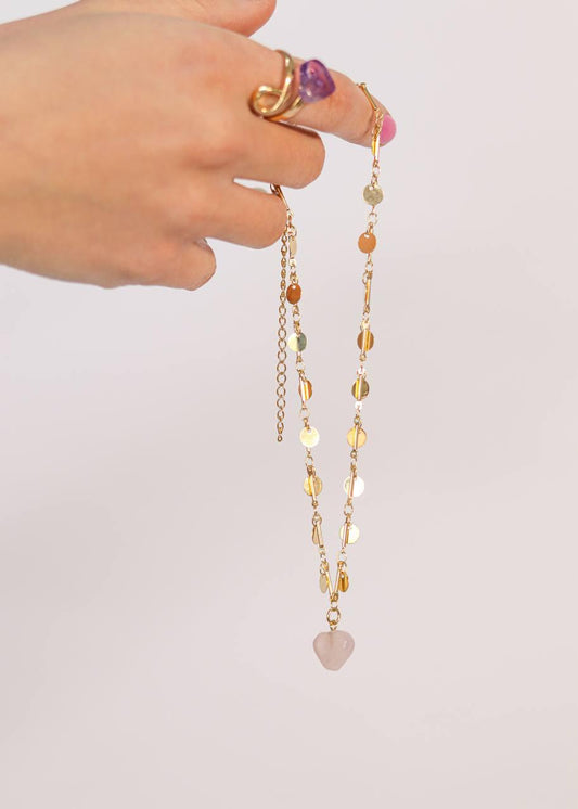 Choker Coração Quartzo Rosa Medalhas Banho Ouro