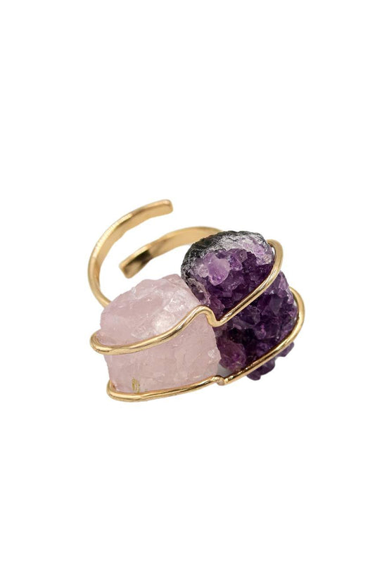 Anel Drusa Ametista com Quartzo Rosa Banho Ouro