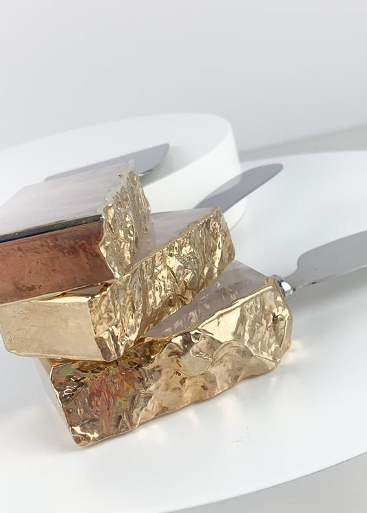 Conjunto Espatulas para Queijo Quartzo Rosa Banho Ouro
