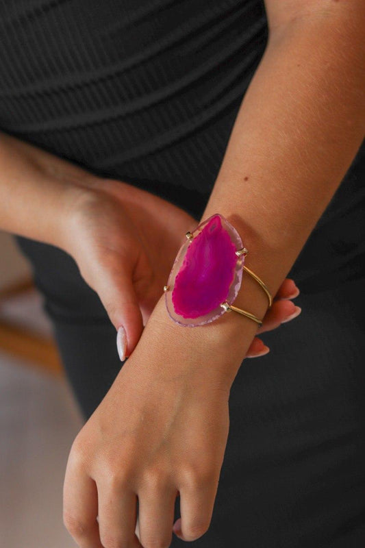 Bracelete Chapa de Ágata Rosa Banho Ouro