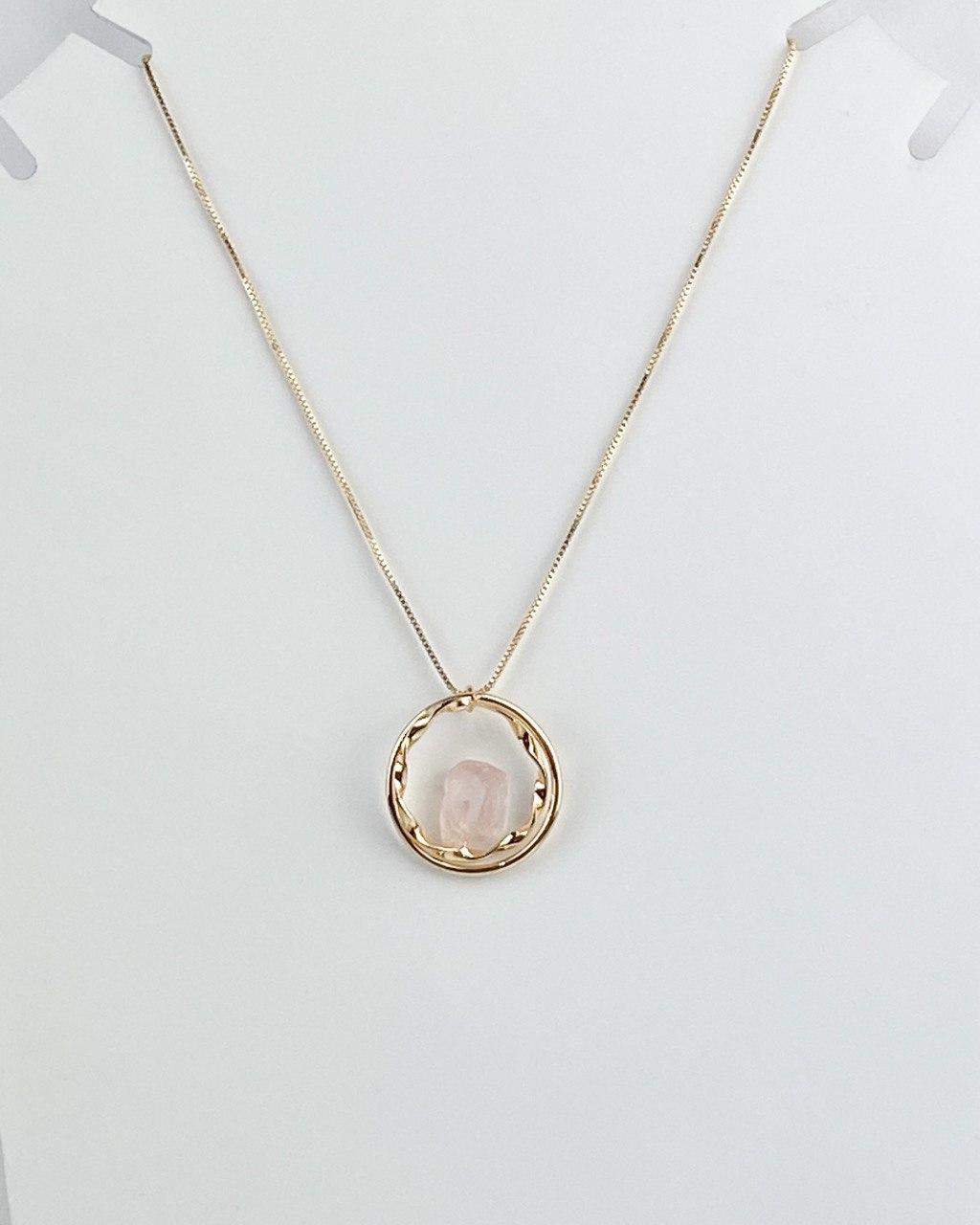 Colar Pedra Natural Quartzo Rosa Conexão banhada Ouro 18k