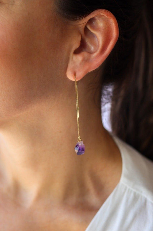 Brinco Pedra Natural Ametista Passante banhado Ouro 18k