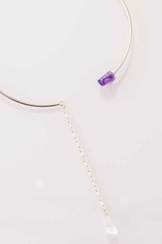Choker Duo Ponta Ametista com Cristal Quartzo Bruto Banho Prata