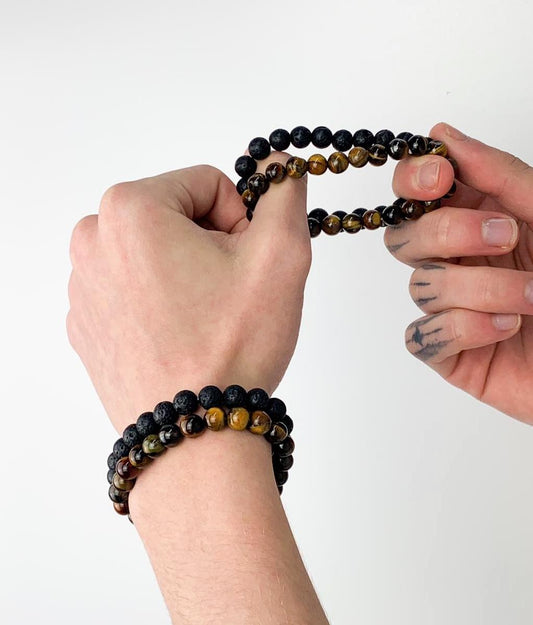 Kit de Pulseiras em Pedra Olho de Tigre e Vulcânica 8mm