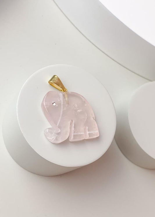 Pingente Quartzo Rosa Elefante Banho Ouro