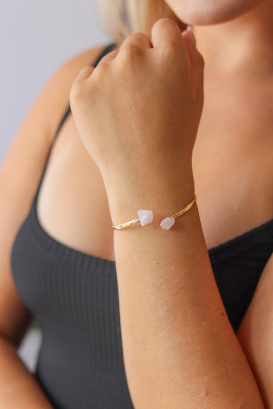 Bracelete duo Quartzo rosa bruto banho ouro
