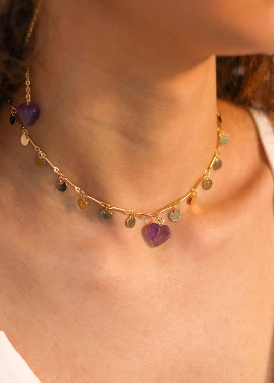 Choker Coração Ametista Medalhas Banho Ouro