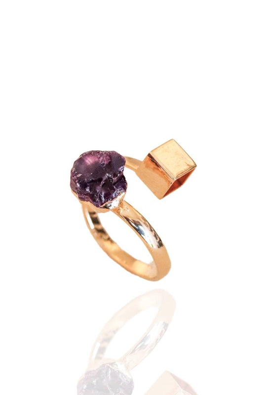Anel Ametista Cubo Ajustável Banho Ouro