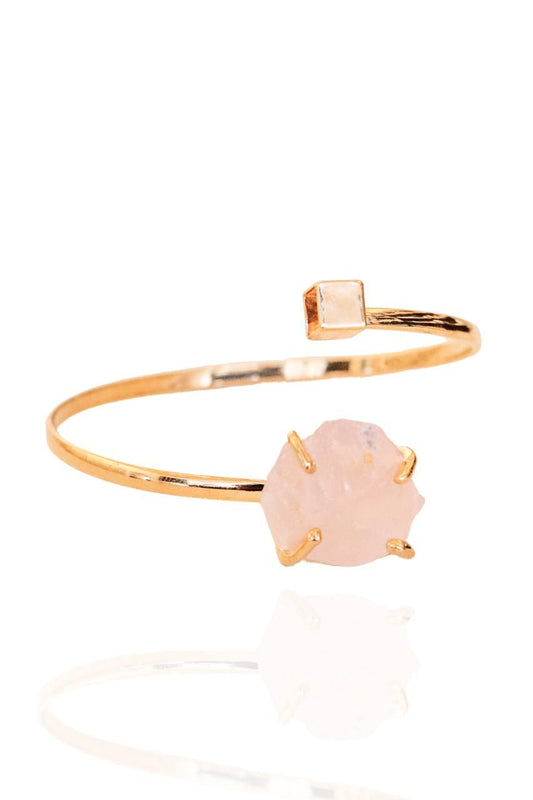 Bracelete Quartzo Rosa Cubo Banho Ouro