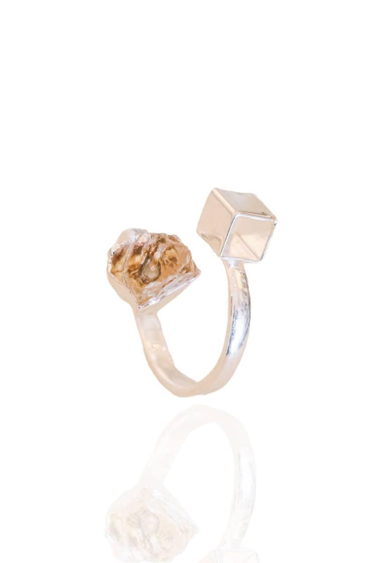 Anel Quartzo Cristal Cubo Ajustável Banho Prata