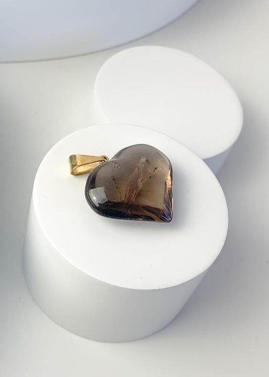Pingente Quartzo Fumê Coração com Pino Banho Ouro