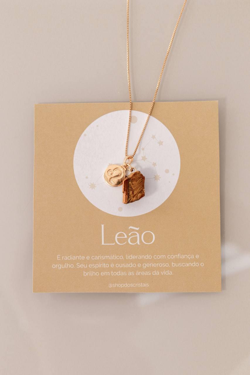 Colar Signo Leão - Pedra Olho de Tigre Bruta banhado Ouro