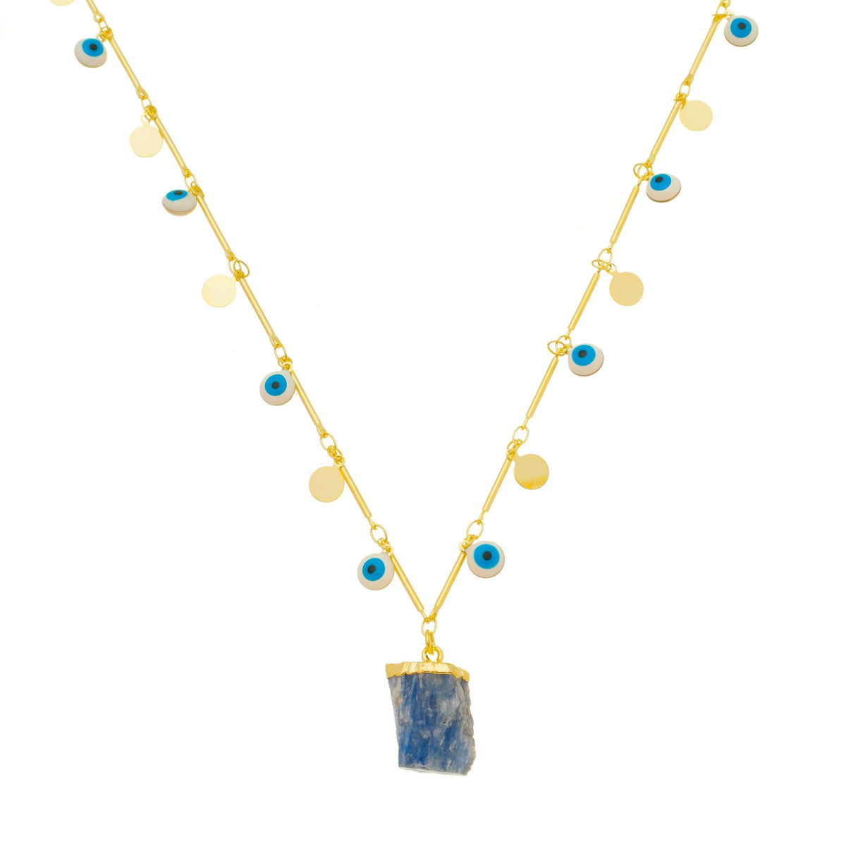 Colar Cianita Azul com Medalhas Olho Grego Banho Ouro