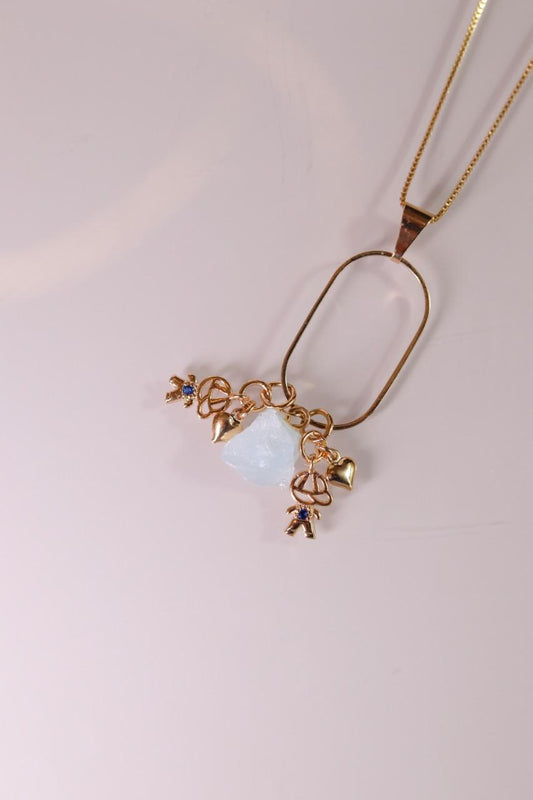 Colar Elo de Mãe com Meninos e Água Marinha Banho Ouro