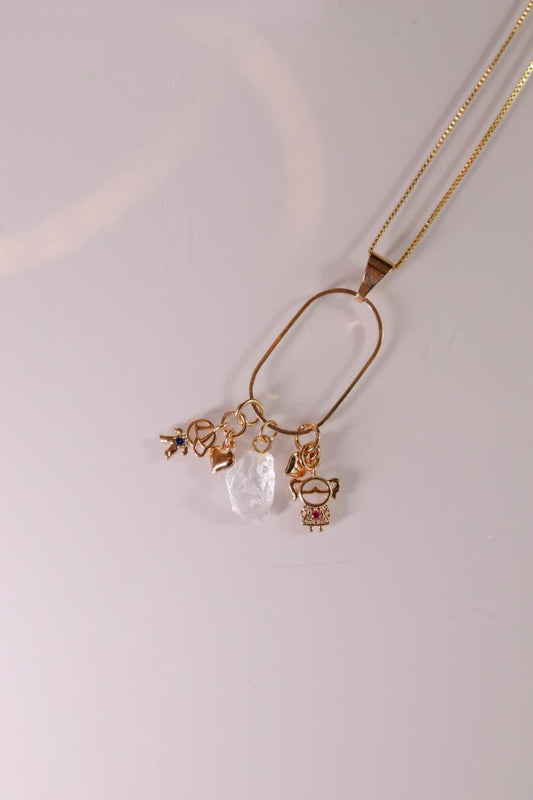 Colar Elo de Mãe com Menino e Menina e Cristal Banho Ouro
